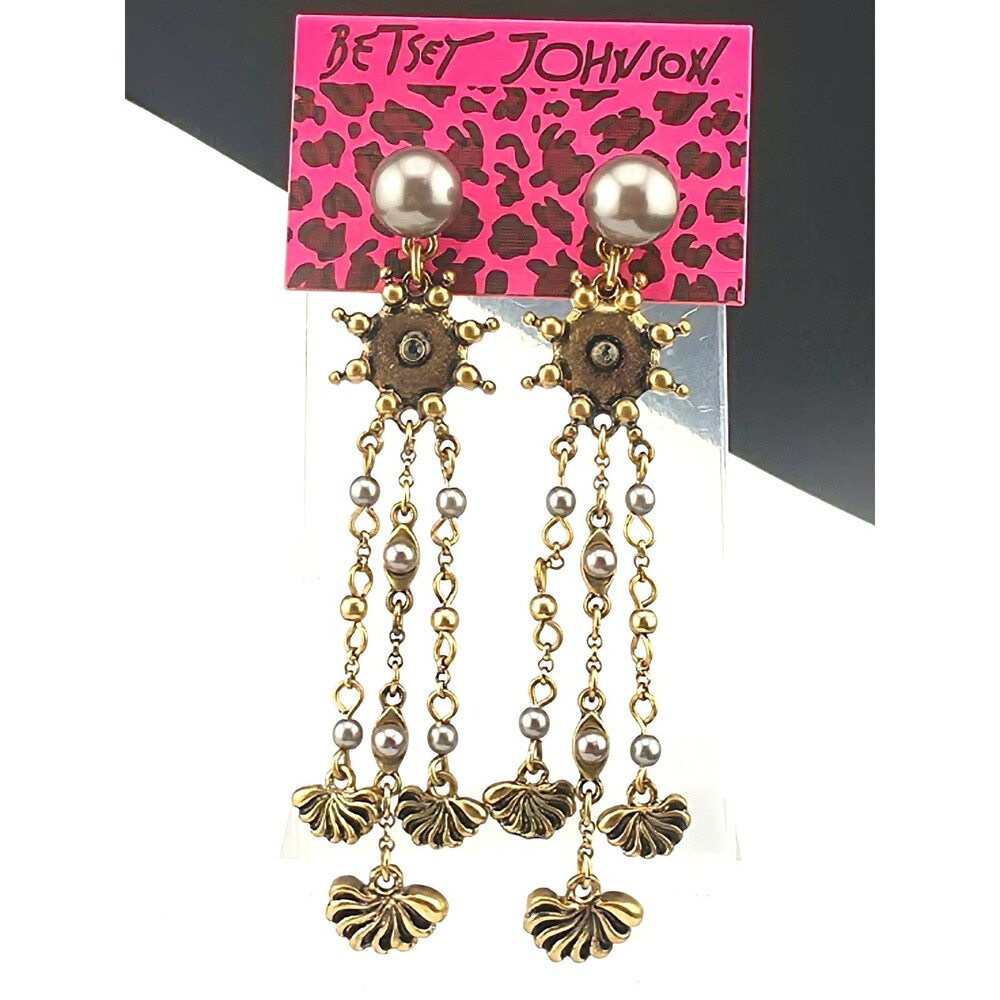 NWT Long Betsey Johnson Grey Faux Pearl Dangle Chandelier Earrings 3" Pierced